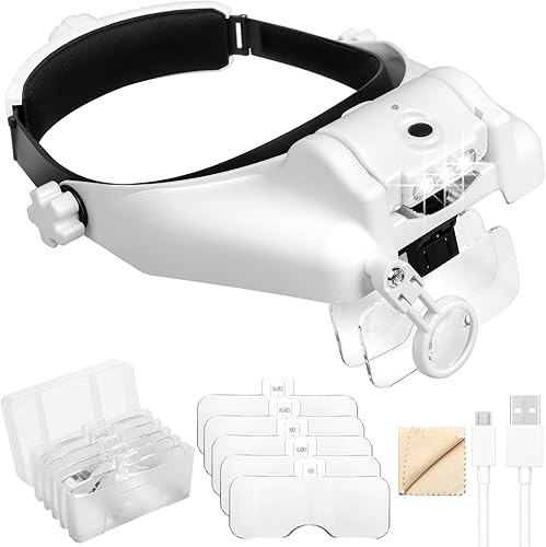 Linkhood - Lupa para diadema, 1X a 14X, recargable con luz LED, lupa de montaje en cabeza manos libres con 6 lentes desmontables para trabajo