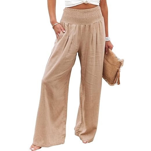 Vansha Women Summer High Waisted Cotton Linen Palazzo Pants Wide Leg Long Lounge Pant Trousers with Pocket Khaki S