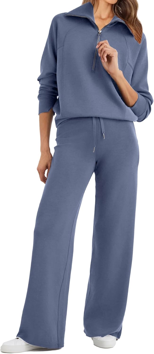 Glamaker Womens 2 Piece Outfits Sweatsuit Set Oversized Half Zip Sweatshirt Wide Leg Sweatpants Lounge Set Tracksuit