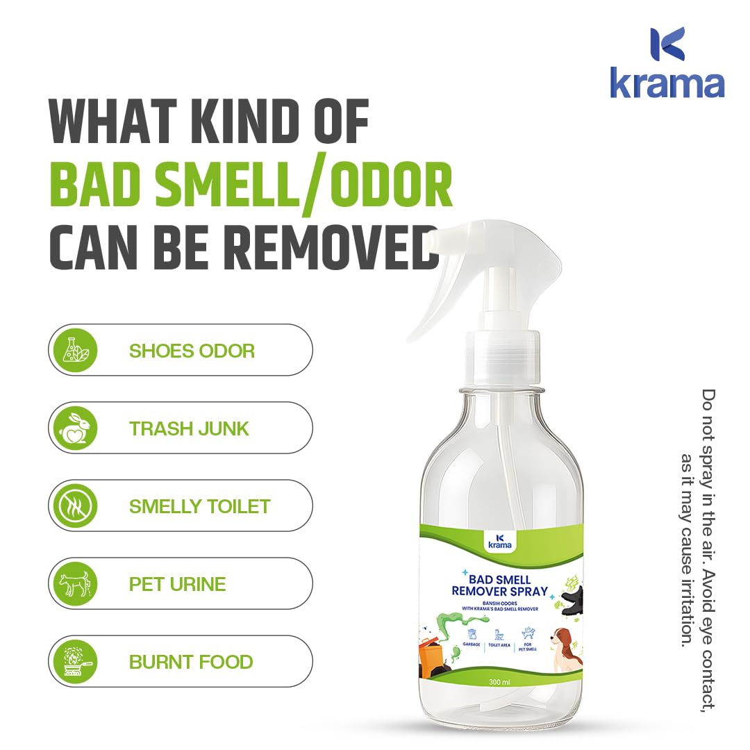 Krama Multi Purpose Natural Pet-Shoes Smell Remover Spray - Long Lasting-Instant Odour Remover for Bad Socks, Urine, Potty, Vomit, Dustbin & Burnfood - Kitchen Drain & Bathroom Smell Eliminator -300ml 3