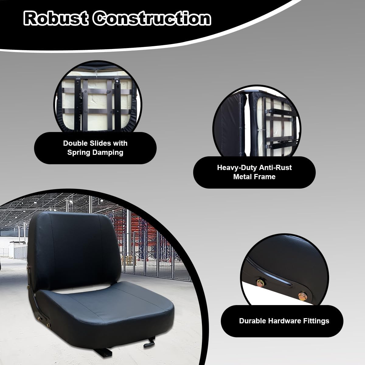 Universal Forklift Seat Tractor Seat with Adjustable Slide Track and Tool Bag, For Excavator Skid Loader Backhoe Dozer Telehandler