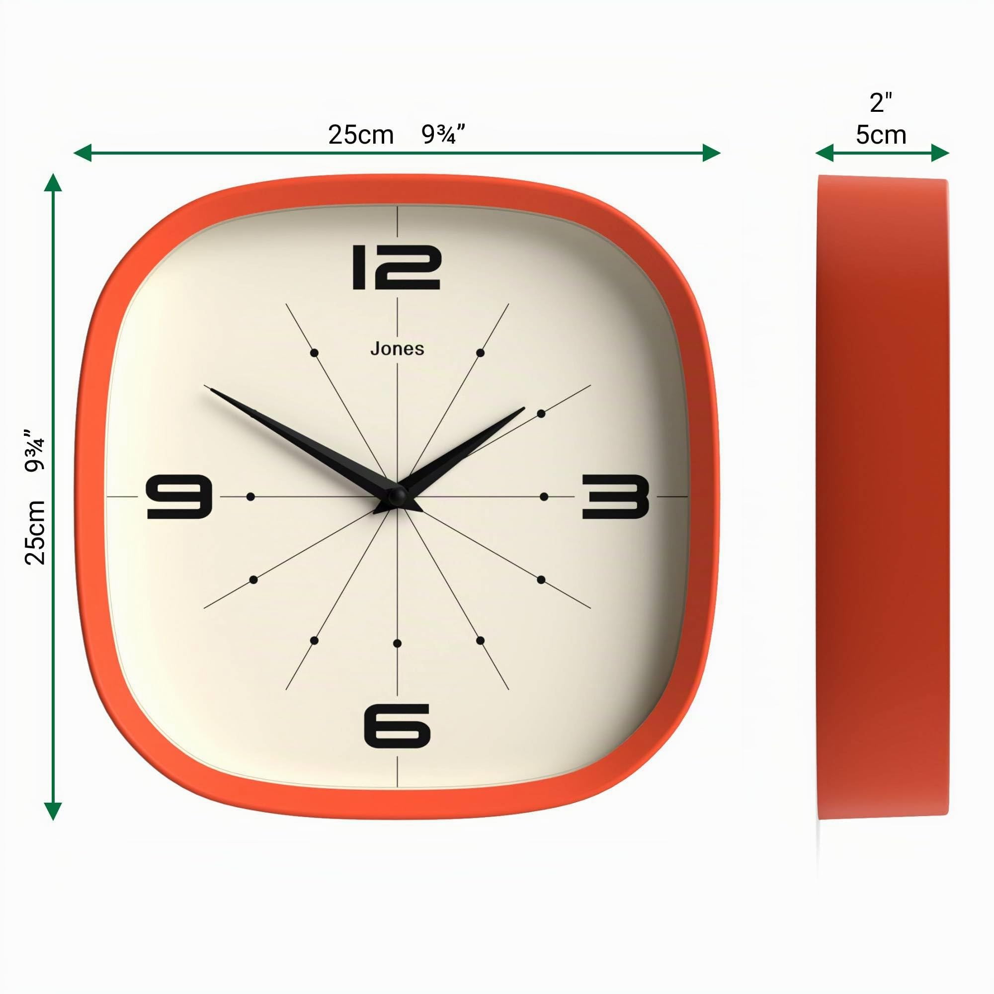 JONES CLOCKS Pulsar Horloge Murale 25cm Orange Rétro Carrée Arrondie
