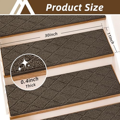 Image of COSY HOMEER Stair Treads for Wooden Steps 11 inchx30 inch Washable Indoor Carpet Stair Treads Non Slip Soft Polyester Stair Carpet Tread Reusable Stair Runner Rugs for Kids, Elders,Pets,Brown,4pcs