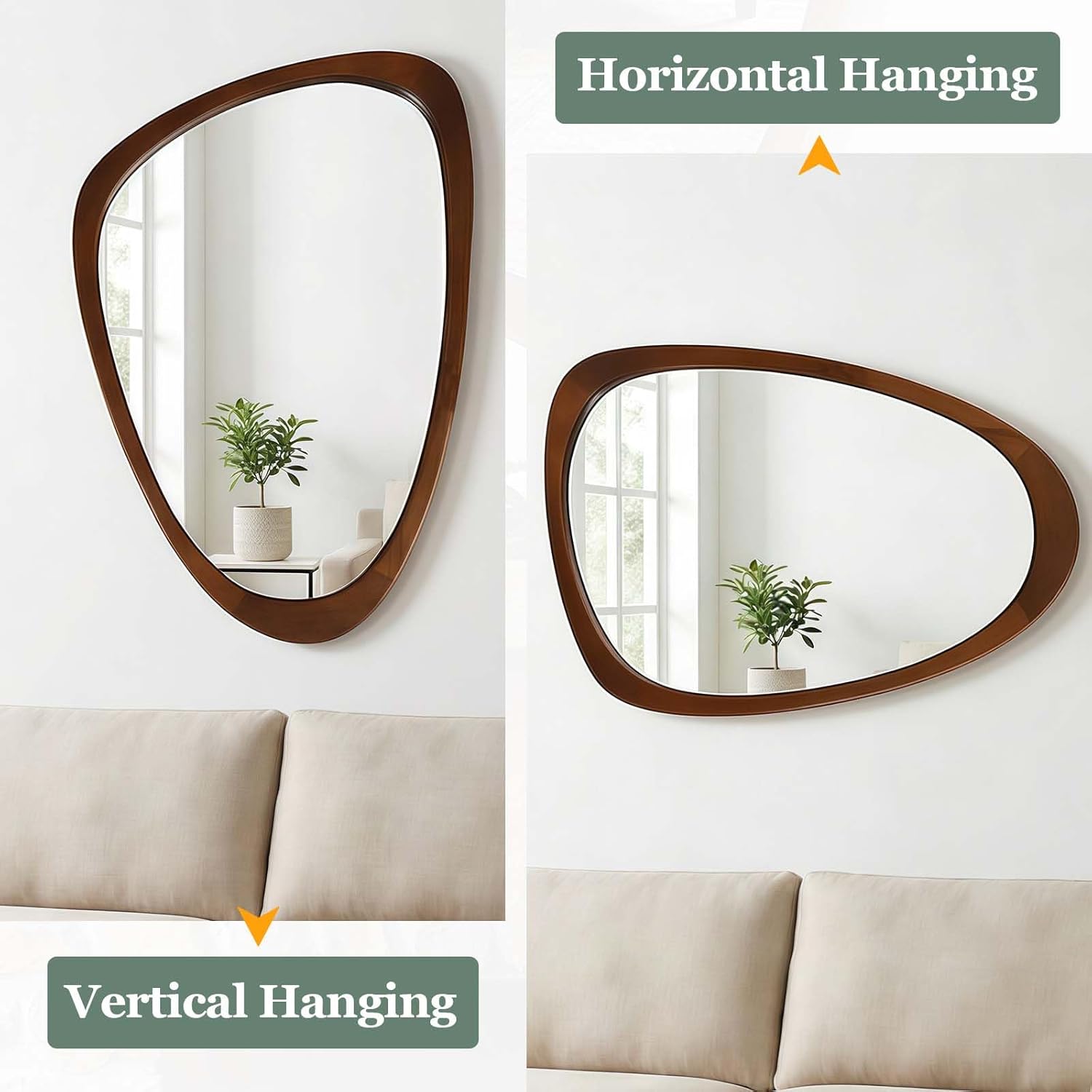 24x36 Inch Asymmetrical Wall Mirror Wood,Rustic Irregular Shaped Vanity Mirror for Bathroom,Bedroom, Living Room, Entryway, Fireplace,Wall Decor,Solid Wooden Frame (Dark Walnut, 24"x36" Inch)