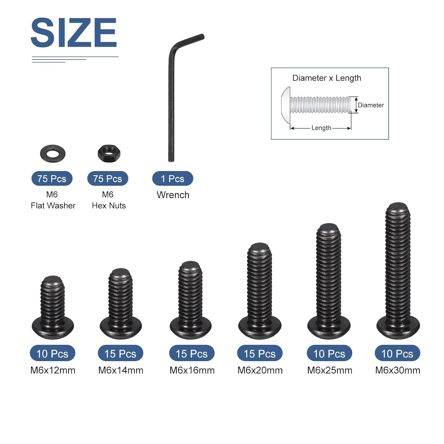 DTGN 225Pcs M6 Button Head Socket Cap Screws - Carbon Steel Full Thread 12/14/16/20/25/30mm Bolt Nut Set Washer Assortment Kit & Wrench - Good for Machine, Furniture