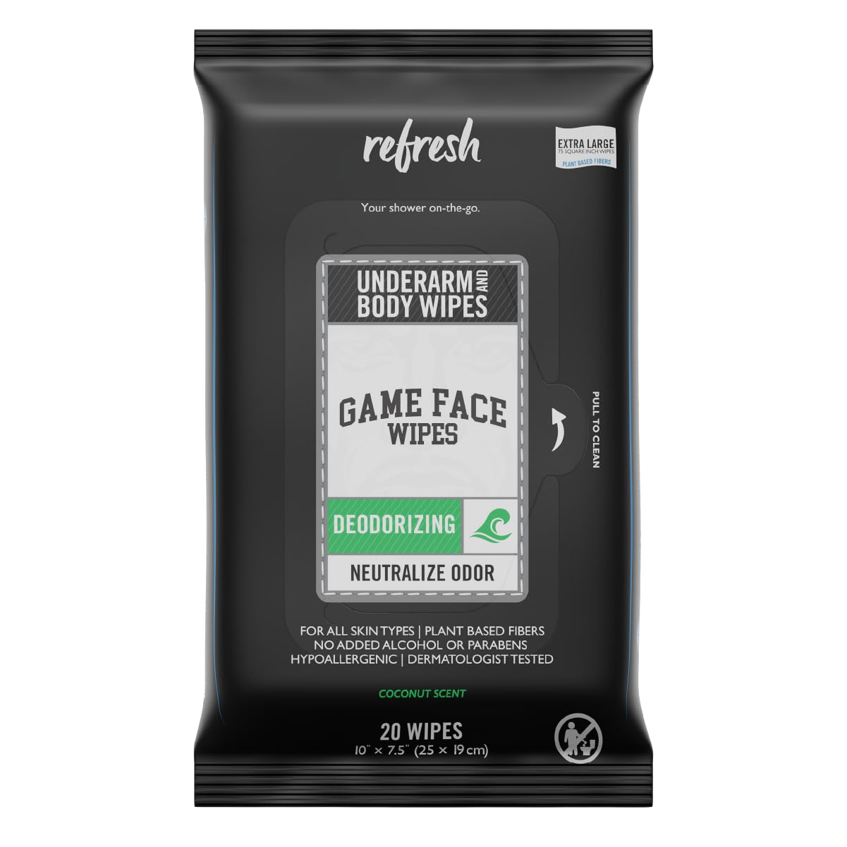 Game Face Deodorizing Body Wipes 25 Count Extra Large Size Compostable Cloth Naturally Formulated Hydrating Refreshing and Odor