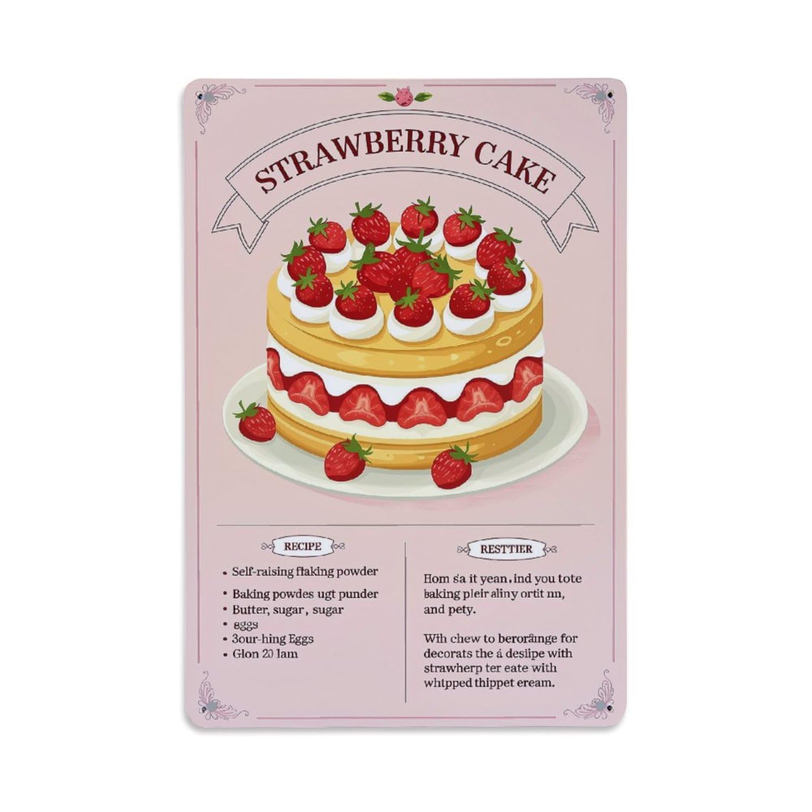Strawberry Cake Layered Dessert Design Retro Metal Tin Sign, Vintage Decor Art Poster for Bar, Home, Man Cave, Kitchen, Laundry Room Gift 8x12Inch