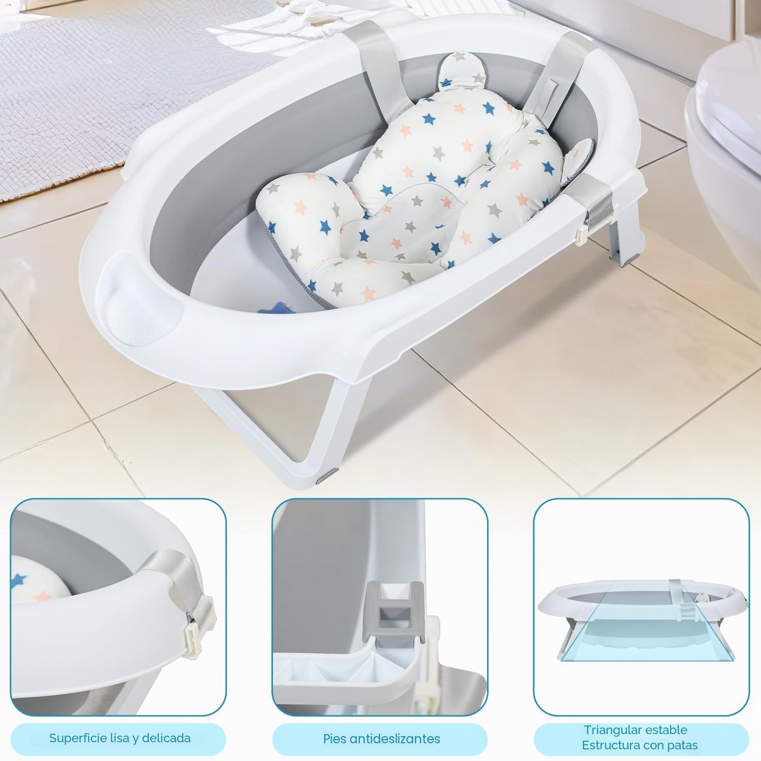 Ikodm Bañera para Bebé Plegable con Estructura, Alfombrilla, Desagüe y Soporte - Segura para Su Bebé