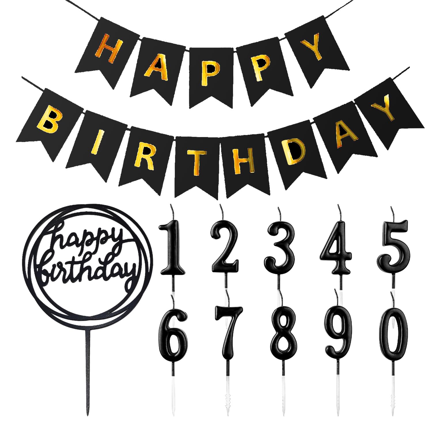 10 Cake Candles, 1 Cake Insert, 1 Birthday Flag, Black Number Candles, Cake Decorations, Birthday And Anniversary Party Decorations