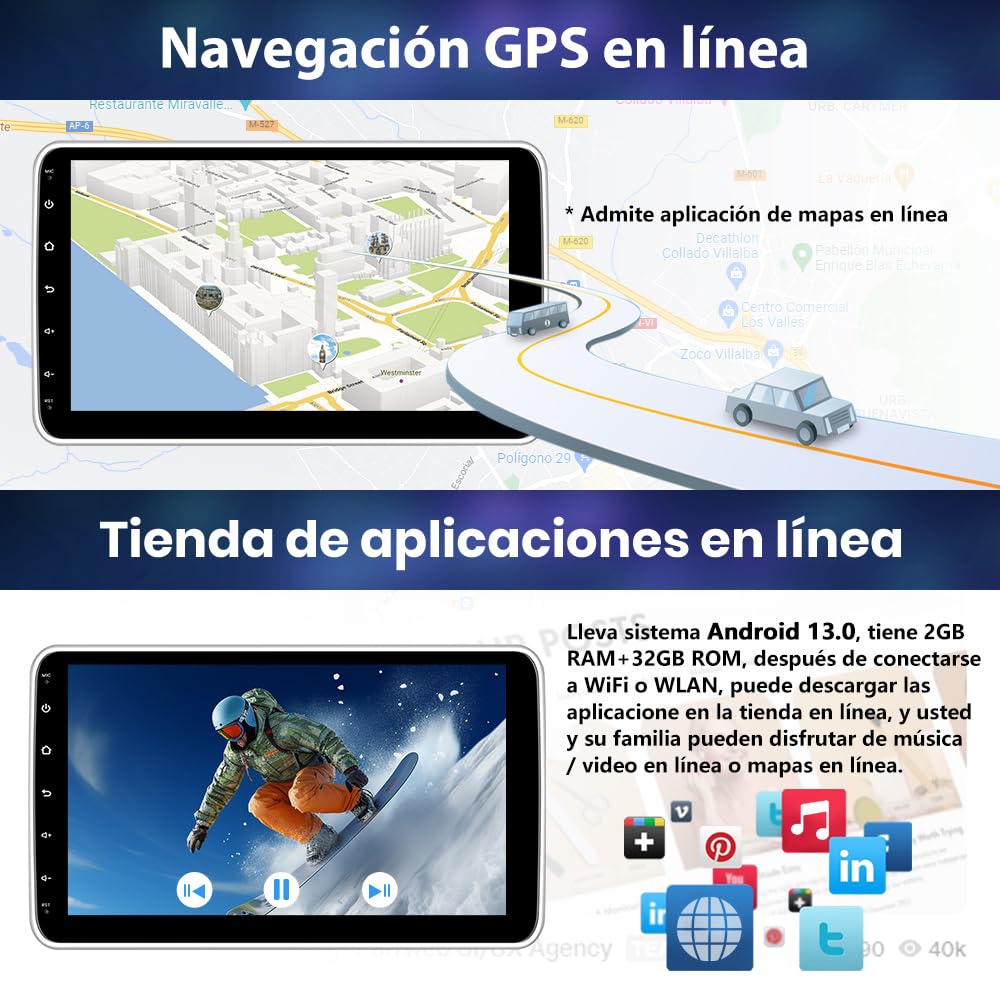 Junsun 10" Android 13 Radio Coche 1 DIN, Pantalla Táctil Giratoria con CarPlay, GPS, Bluetooth/29UI