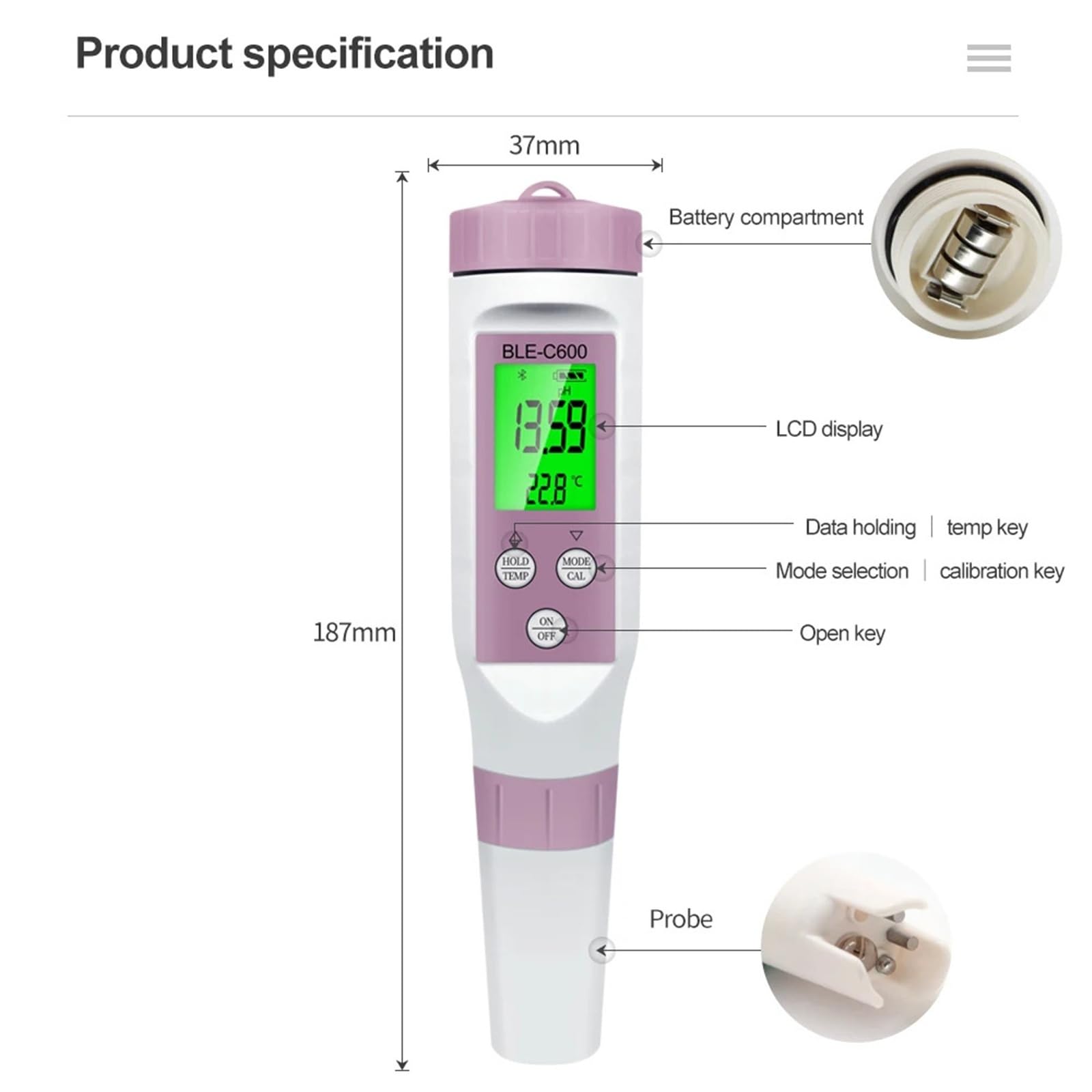 Testeur d'eau, pH-mètre 7 en 1 (pH/EC/TDS/ORP/SEL/SG/Temp) avec Application de Surveillance Ligne Intelligente for Aquarium et Eau Potable