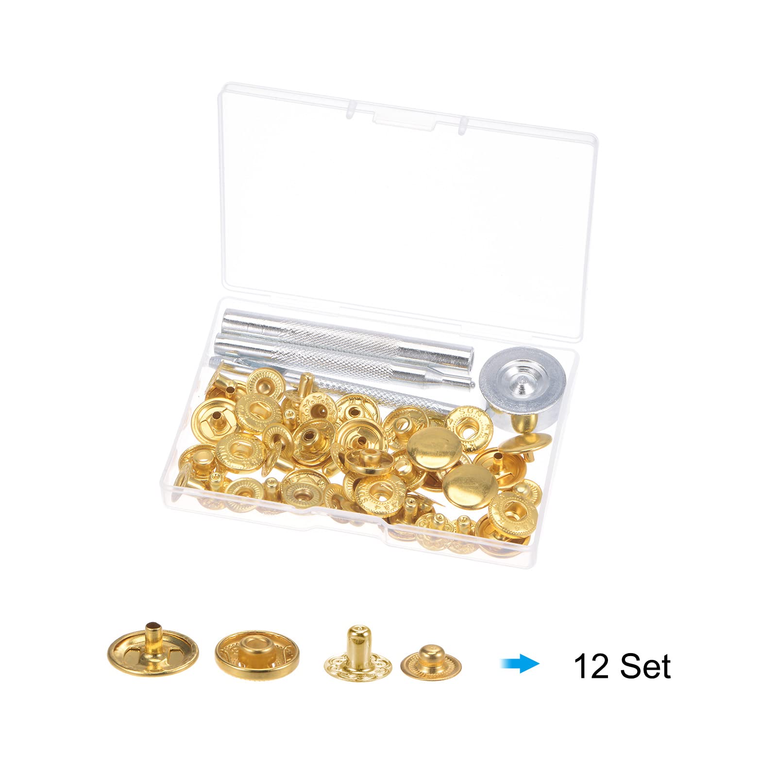 Sourcing Map 12 Ensembles Bouton-pression Attaches Trousse 3/5 Pouce 15mm Métal Presse Clouons Boutons Outil Avec 4 Passeur Outils & Rangement Boîte Pour Vêtements Cuir Couture, Gunmetal