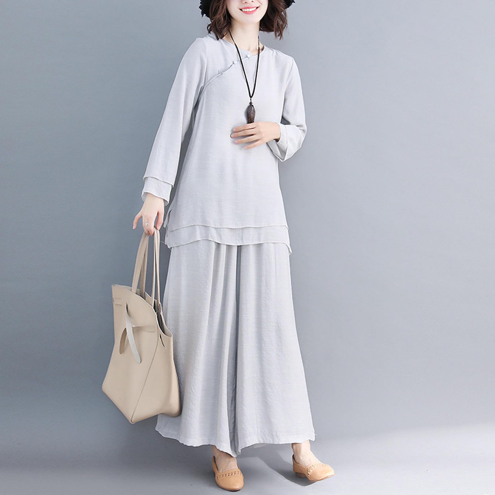 Damen Zen Meditationsanzug Baumwolle Leinen Langarm Tai Chi Anzug Morgengymnastik Uniform Kung Fu Kleidung,Grey-L