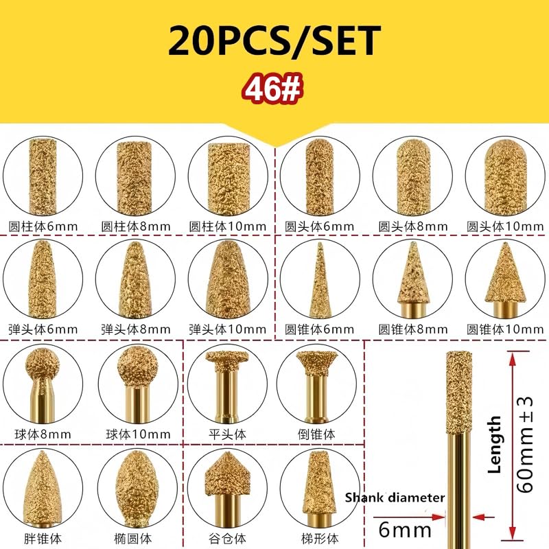 Głowica szlifierska lutowana diamentowo, 20 szt., zestaw frezów szmerglowych, tarcza metalowa, wiertarka elektryczna 6 mm, bity do rzeźbienia w kamieniu wanglan(Brazed burr set)