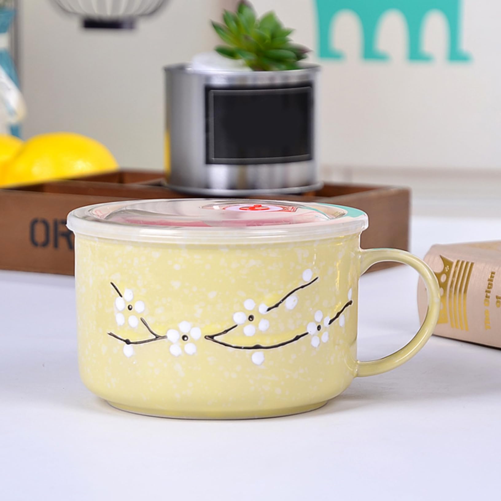 2 uds tazones de sopa con asas taza de sopa de cerámica para microondas de 800ml con tapa para viajes de ensalada de cereales y fideos Ramen