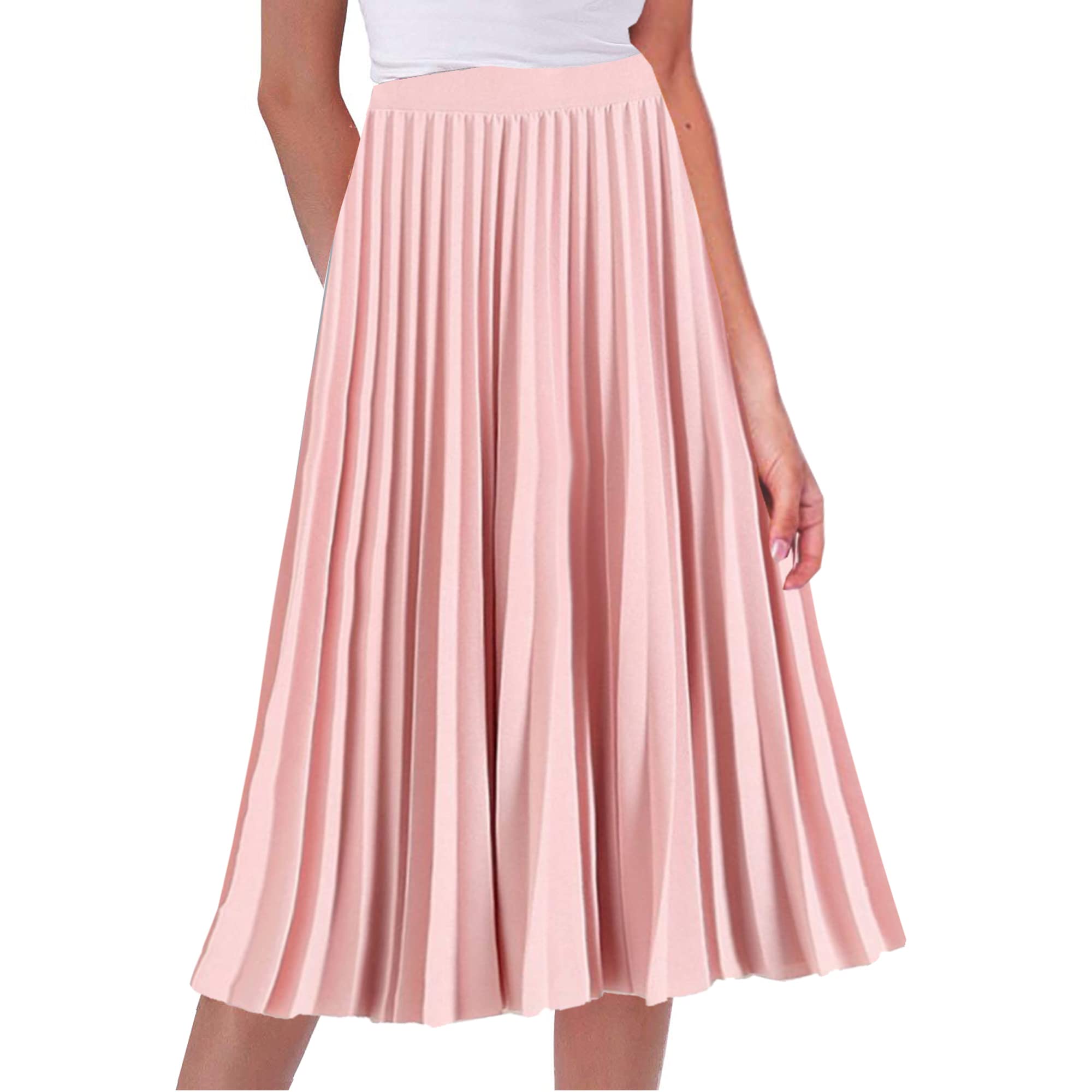 Dames elastische hoge taille geplooide rok A-lijn midi-swing rok chique vintage lange rok, roze, M
