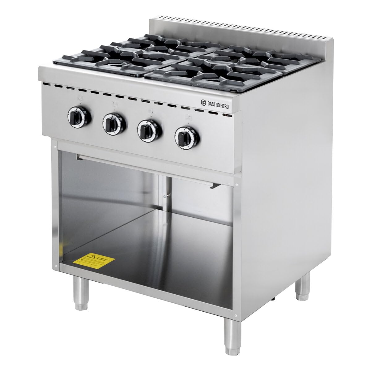 GastroHero Cuisinière à gaz 4 brûleurs 28,8 kW en acier inoxydable sur pied ouvert sous montage ECO série professionnelle cuisinière à gaz gastronomie