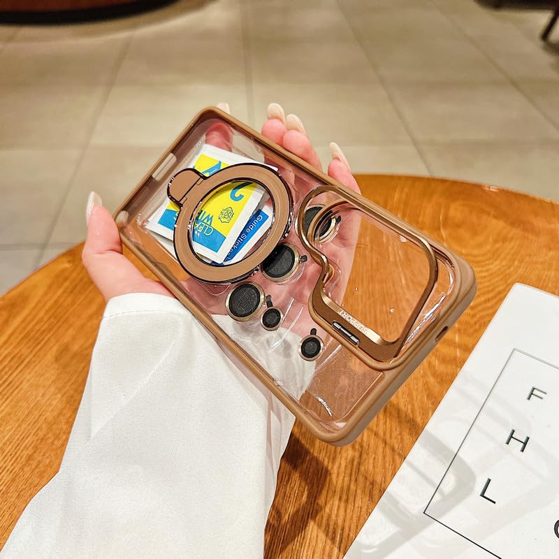 Image of LuxuryKase Magnetic Clear Case for Samsung Galaxy S26 Ultra | Metal Ring Stand | Camera Lens Protector Rings | Shockproof Hard PC Back | MagSafe Compatible | TPU Bumper - Desert Gold