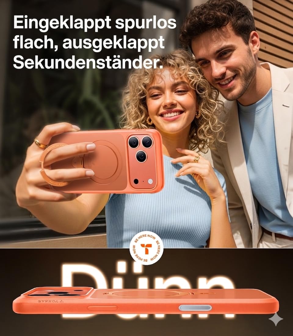 TORRAS Ostand Q1 für iPhone 17 Pro Hülle mit MagSafe und Ständer, Orange | Flache Haptik, Case & Handyhülle für iPhone 17 Pro mit 19 N Magnetkraft, drehbarem Ständer und Militärstandard-Fallschutz