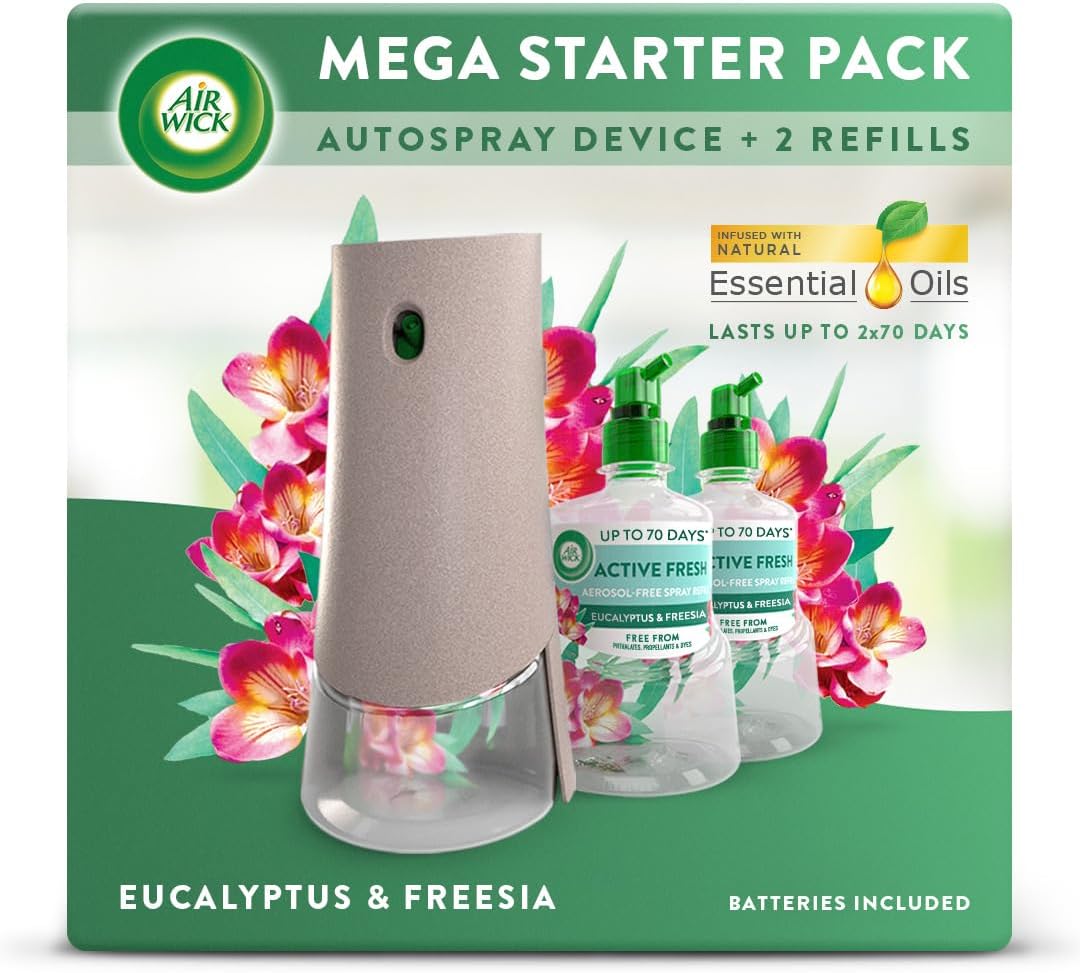 Air Wick Aerosol-Free Automatic Air Freshener Spray Bundle Kit, Eucalyptus & Freesia, 1 Gadget & 2 Refills (228ml), 24x7 Active Fresh Odour Neutraliser, Lasts Up to 140 Days, Air freshener For Home