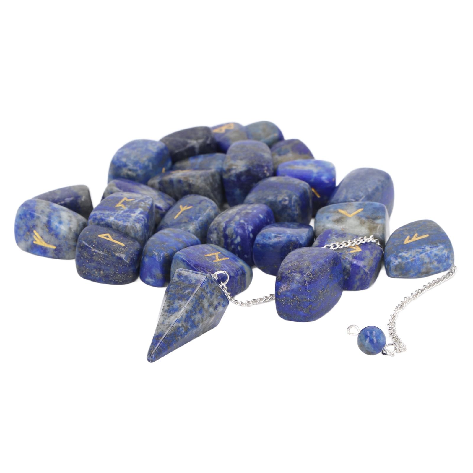 EMUKOEP 25 Piedras de Runa, Péndulo de Cristal y Bolsa de Almacenamiento para Meditación de Adivinación, con Símbolos de Runa Grabados para la Conexión Espiritual de Curación de (Lazurita con Péndulo)