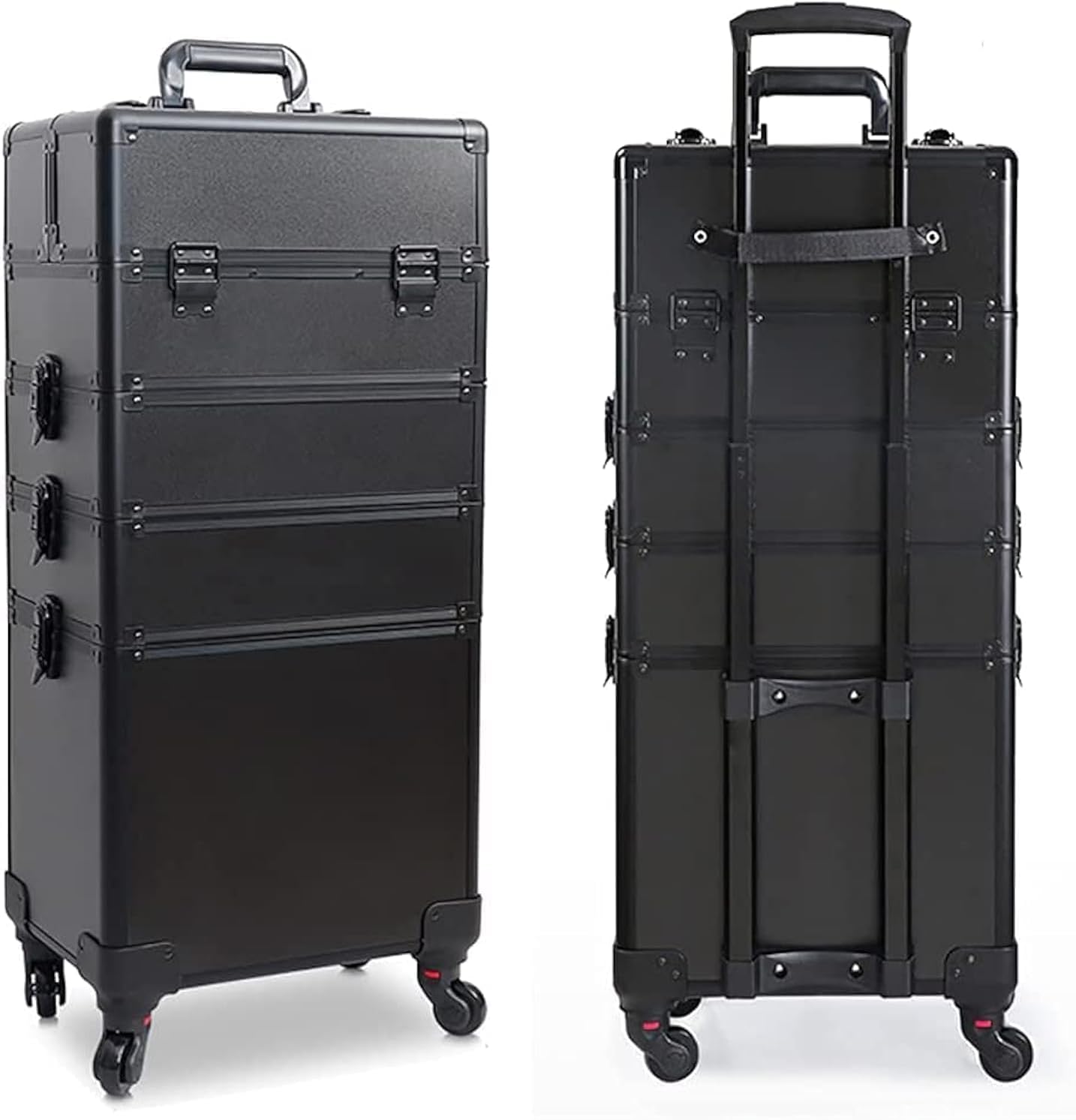 Professional Makeup Train Case,Large 4-in-1 Makeup Trolley Case with Drawers,Portable Aluminum Cosmetic Organizer Lockable Travel Cosmetic Train Case with Wheels for Travel Makeup Nail Art