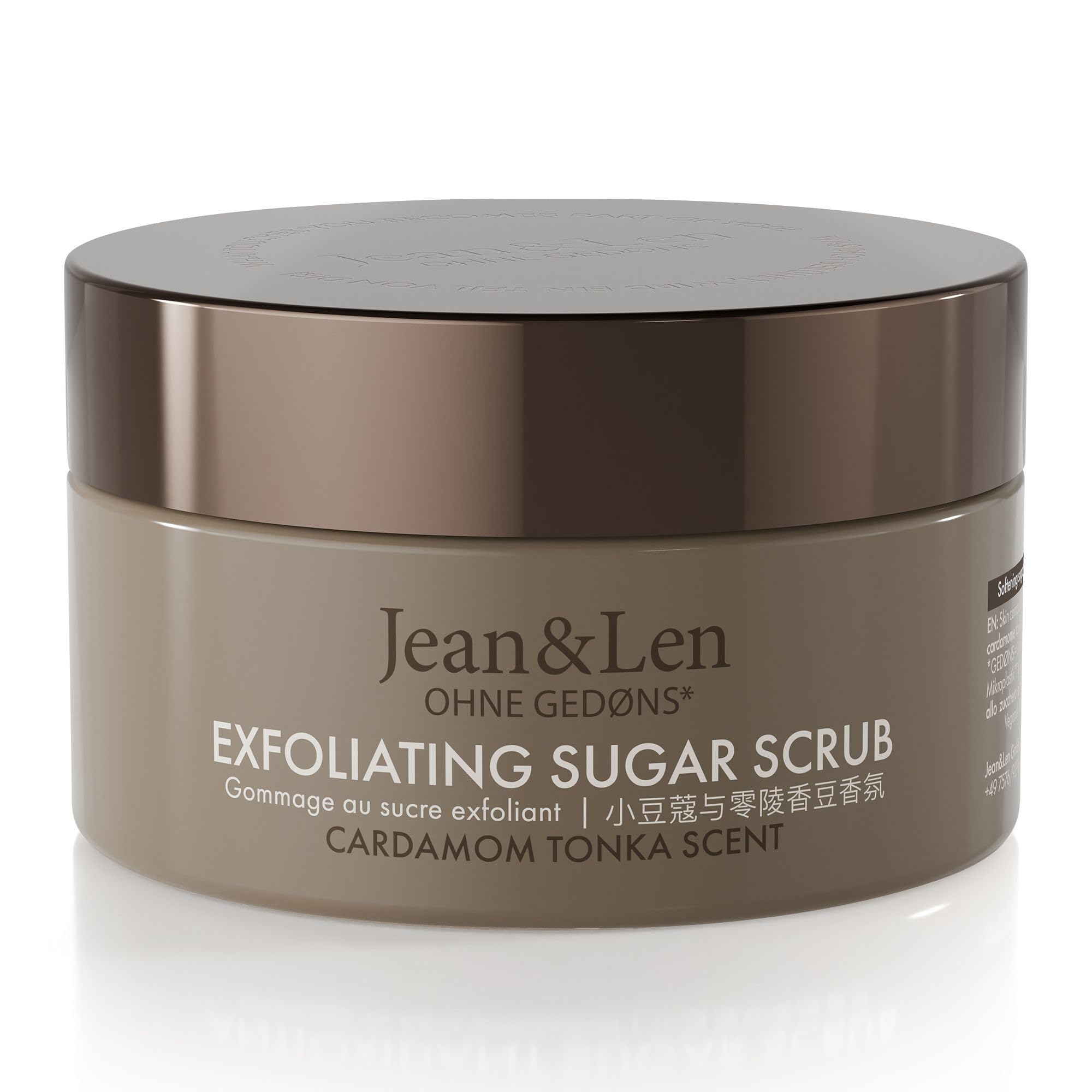 Jean & Len Exfoliating Sugar Scrub Cardamom & Tonka, für ein duftendes Reinigungserlebnis, mit reichhaltigen Ölen, hochwertiger Tiegel, Zucker-Öl-Peeling ohne Parabene & Silikone, 200 ml