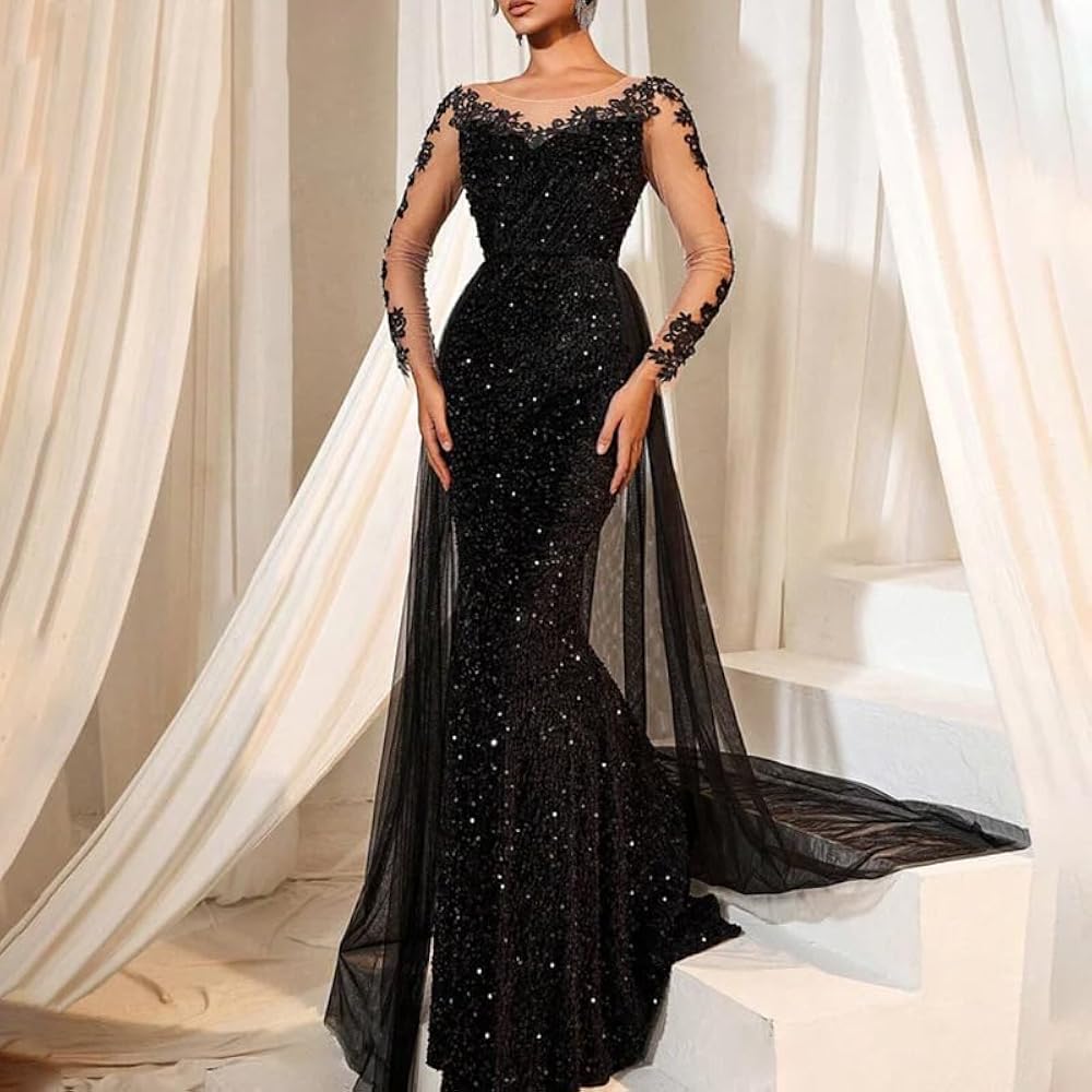 mermaid prom dresses near me Women's Sequin Dress with Organza Train Long Sleeve Illusion Collar Lace Appliques Long Bodycon Prom Dresses, Black, L Fashion Christina Wu Evening 40513 the gown is of Size:6 1/2 Medium august-2025