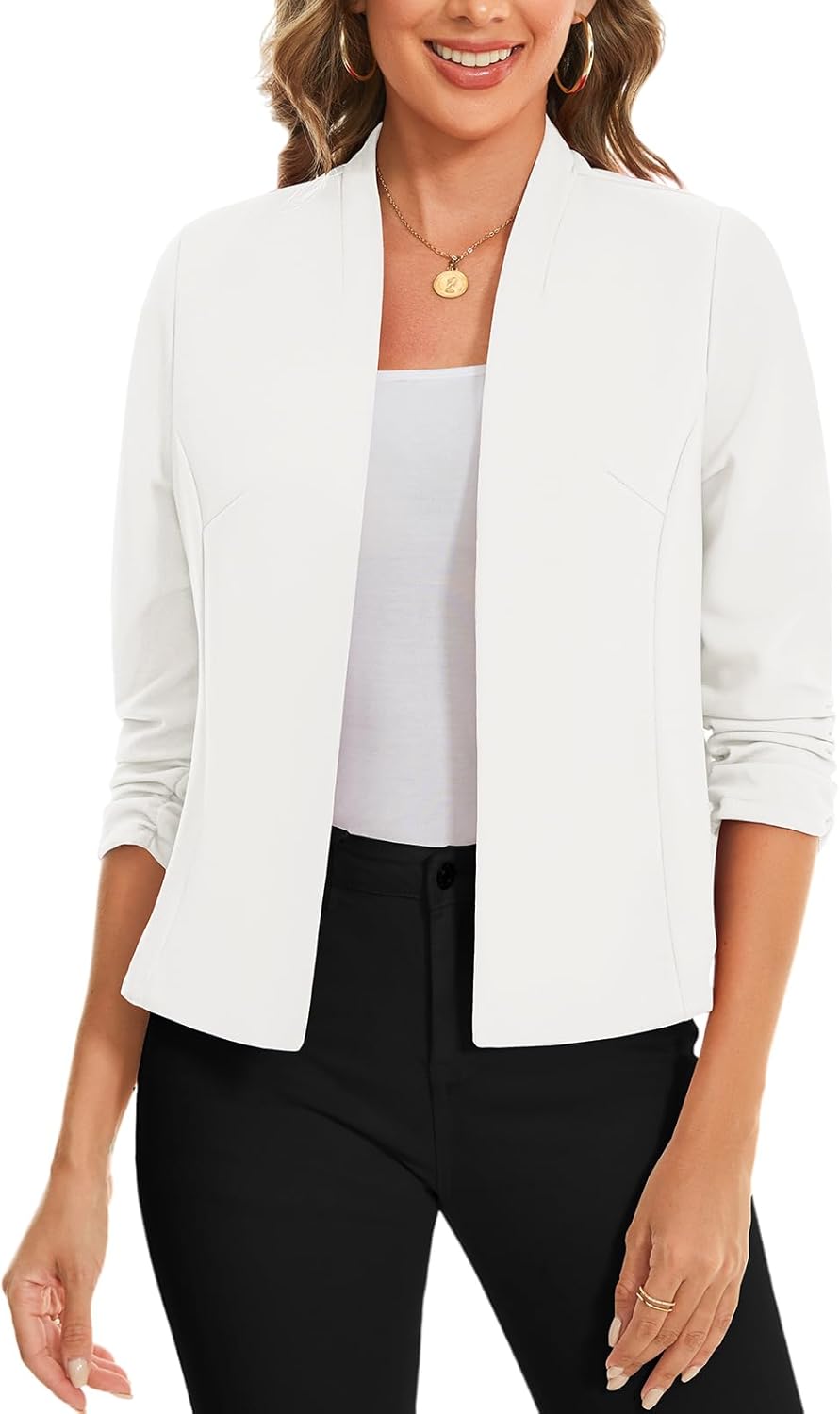 MINTLIMIT Women's Collarless Blazer Ruched 3/4 Sleeve Open Front Business Work Office Jacket Blazers