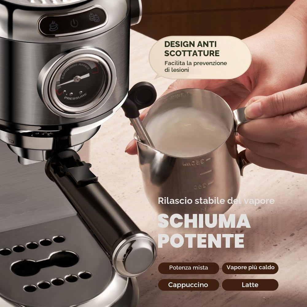 CAFELFFE MK-601 Macchina espresso 20 bar con montalatte e manometro, funzione caldo/freddo, potenza di erogazione rapida 1450 W, macchina 2 in 1, compatibile con caffè macinato e pastiglie ESE da 44