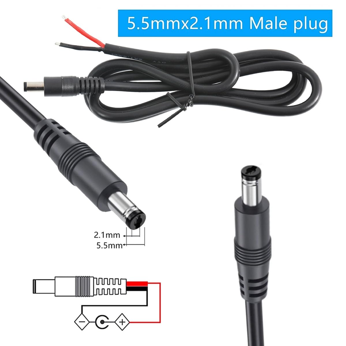 2Pcs 3FT 14AWG 15A 12V DC Power Pigtails Cable, 5.5mm x 2.1mm Male Barrel Jack Plug to Bare Wire Open End Repair Cable for CCTV Security Camera,DVR,LED Strip Light Power Supply Replacement - Image 5