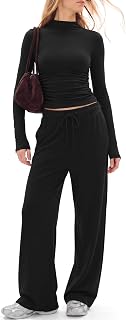 Darong Women's 2 Piece Sets Fall Matching Outfits Long Sleeve Tracksuit | Long Sleeve Crop Tops, Wide Leg Pants, Soft Ribbed Knit, Casual Loungewear, Airport Travel, Vacation Outfit, Fashion Clothing