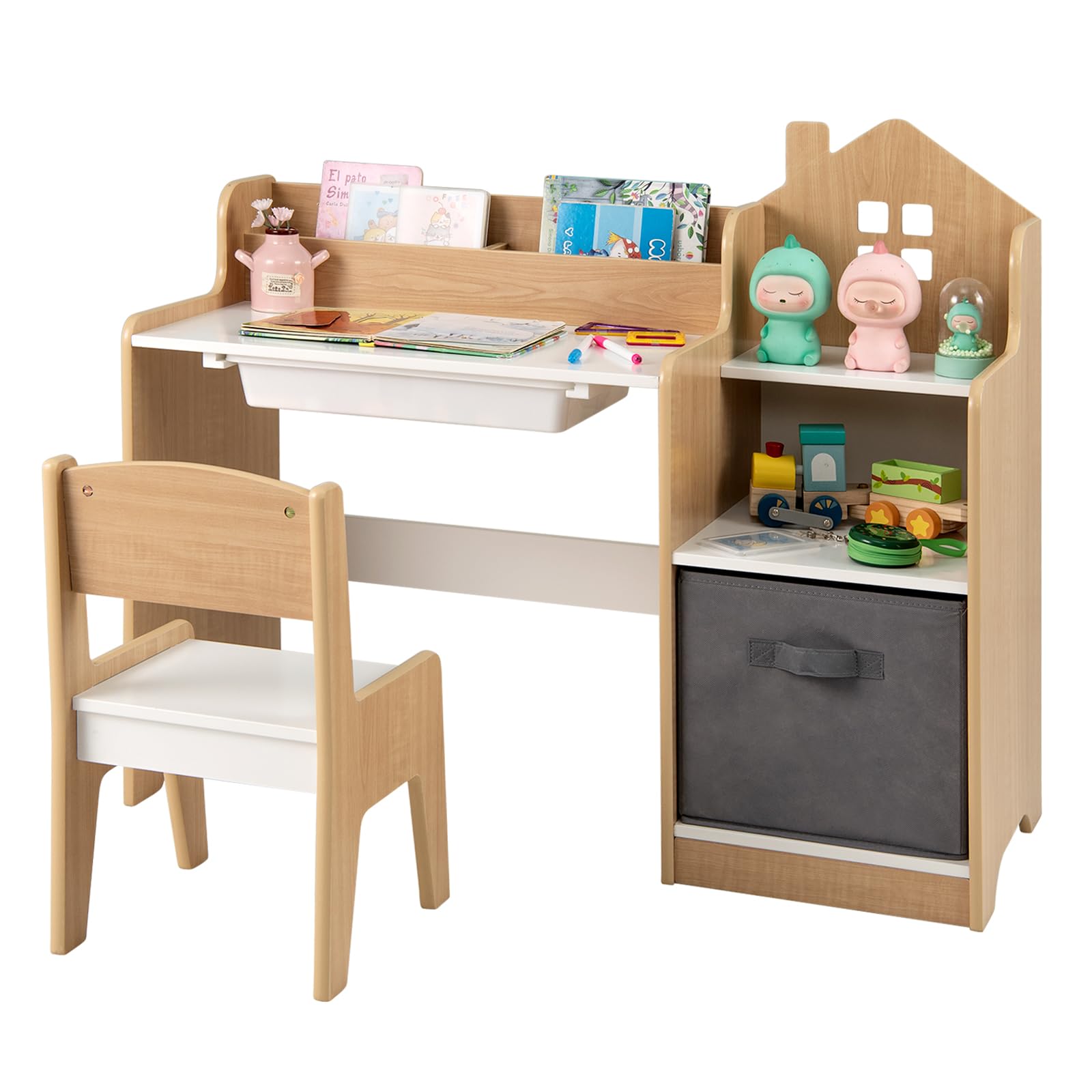 COSTWAY Set Scrivania e Sedia per Bambini 3-12 Anni, Tavolo e Sedia in Legno Salvaspazio con Cassetto in Plastica e Cassetto in Tessuto, Banco Scuola e Seggiola per Cameretta (Naturale)