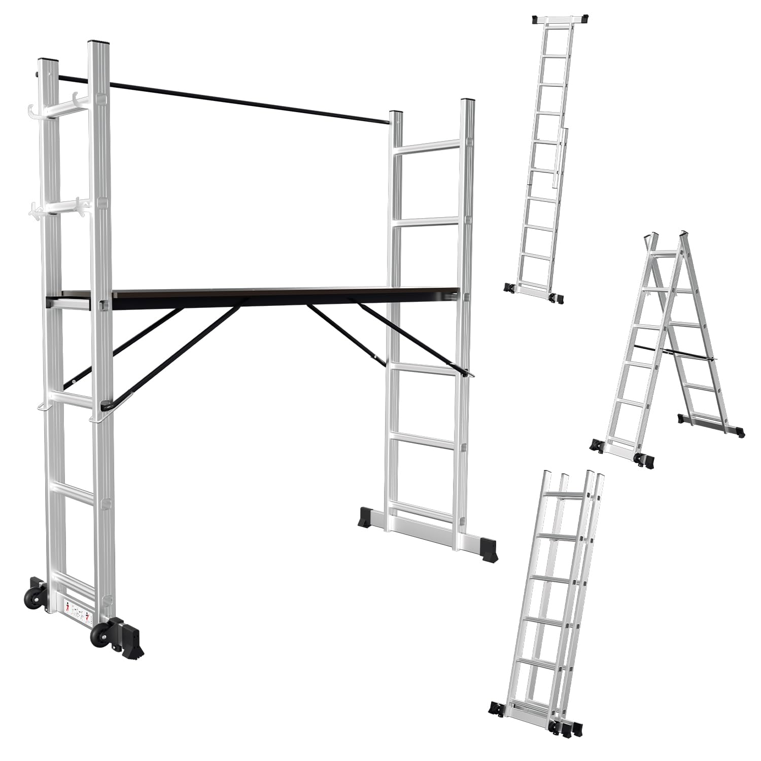 Fiqops Rusztowanie, aluminiowe rusztowanie 4 w 1, maks. 276 cm, obciążenie do 150 kg, uniwersalne rusztowanie budowlane, mobilna platforma robocza i 2 rolki, drabina rusztowań, rusztowanie na kółkach,