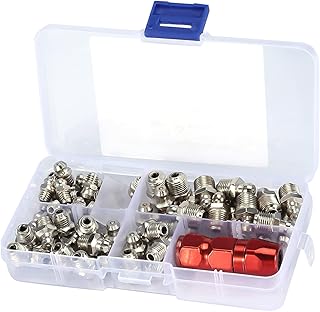60pcs Grease Fitting Pack Grease Nipples Selection Metal Nipple Mechanical Lubrication Part with Plastic Box Grease Gun Flat Mouth