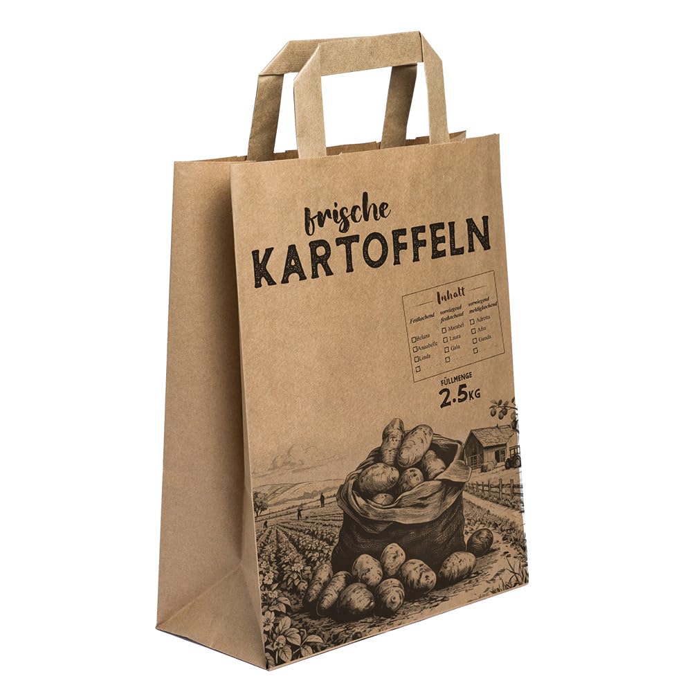 250 Papiertragetaschen Papiertaschen | Kartoffeln | Papiertüten | 2,5kg | Flachhenkel