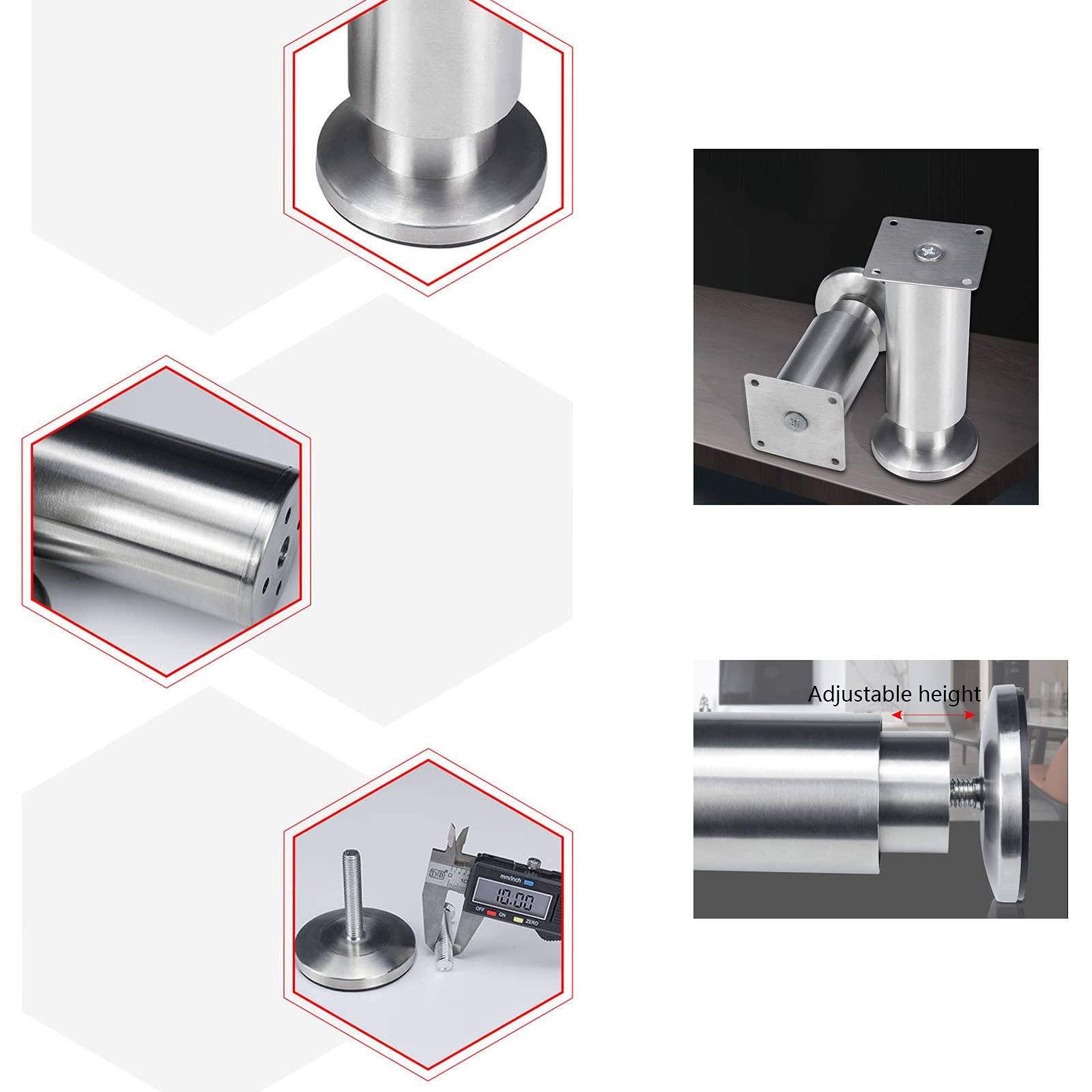 4 piedini regolabili moderni in acciaio inox per mobili, resistenti, per tavolino/armadio/divano, gambe di supporto per tavolino da caffè/mobile TV (dimensioni: 400 mm)