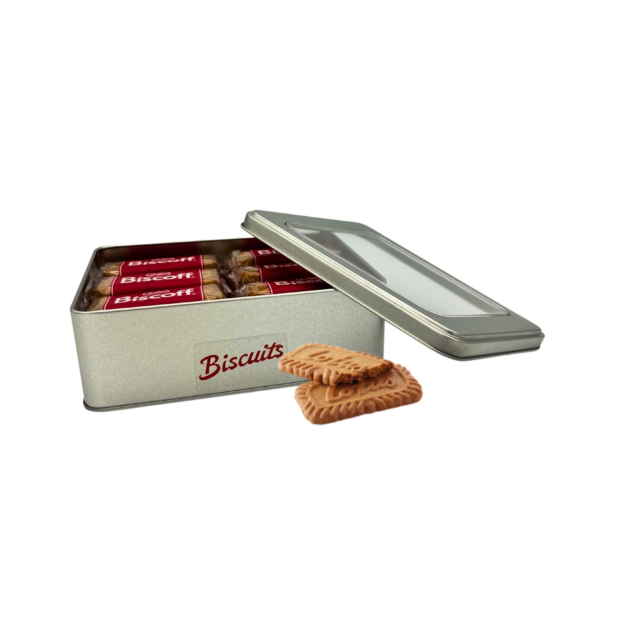 Lotus Biscuits Caramalised x 22 Twin Packs (44) Bundle with TinTastic Silver Refillable Window Lid Tin - Vegan