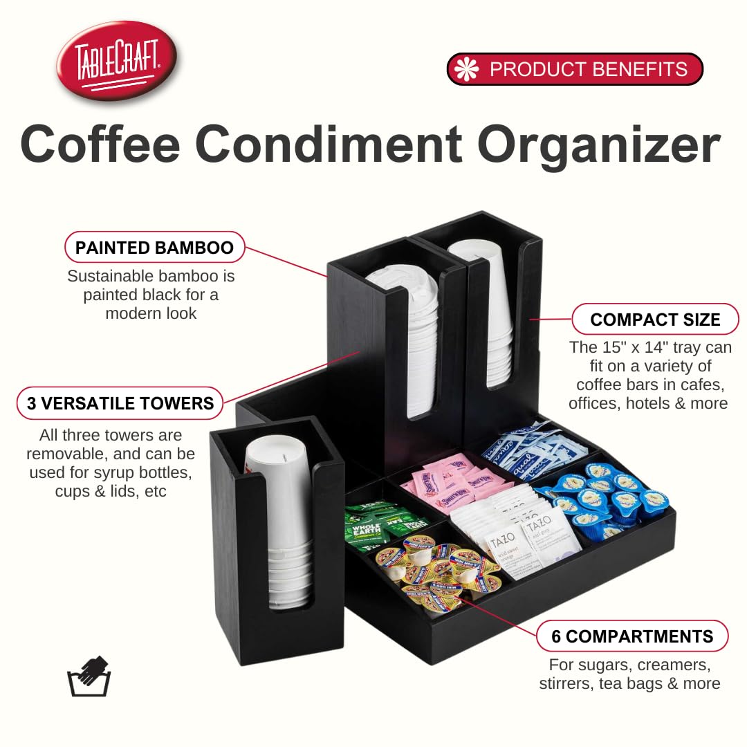 Tablecraft 12690 - Organizador de condimentos de café, 9 compartimentos con 3 soportes extraíbles para tazas/tapa, madera de bambú pintada en negro, ideal para cafeterías, bufés de desayuno y