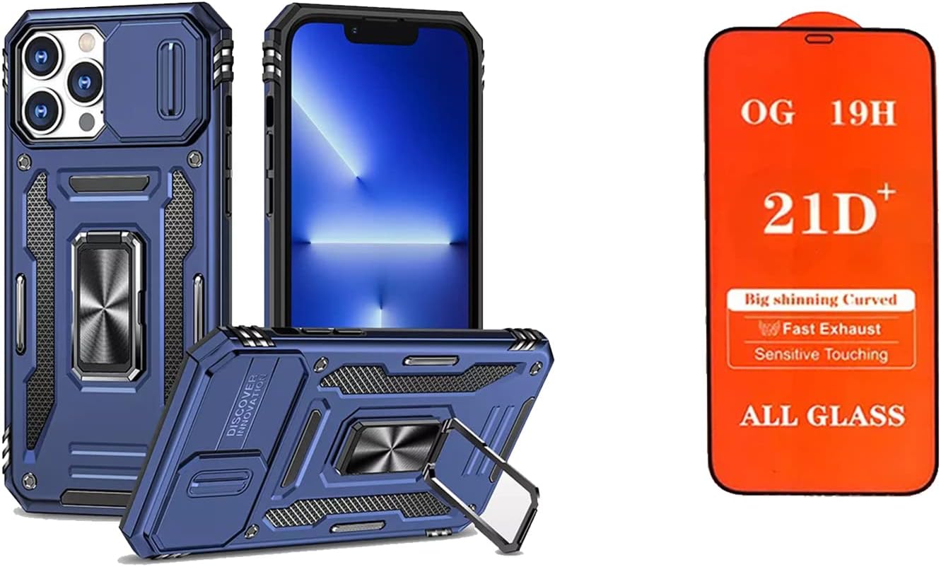 STORE MANIA iPhone 14 Case with Camera Slide Cover, Kick Stand, Magnetic Metal Plate, Heavy-Duty Case, Shock Absorption, Anti-Scratch Cover with Tempered Glass Screen Protector.(Iphone 14 Blue)