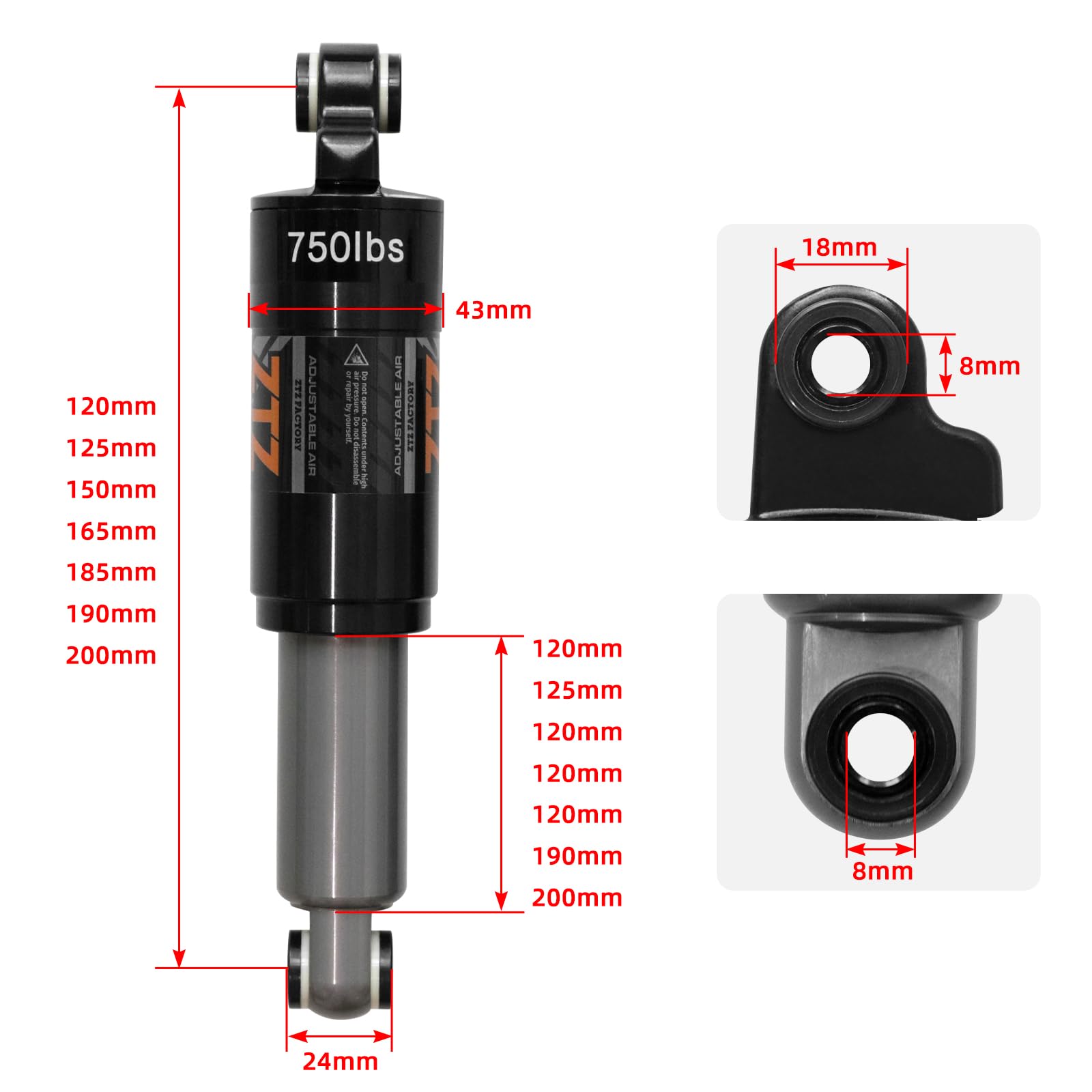 MTB Rear Shock Absorber 120/125/150/165/185/190/200mm, Bicycle Rear Suspension for MTB, Mountain Touring Bike,Downhill Bike, Electric Scooter (165MM, 750LBS)