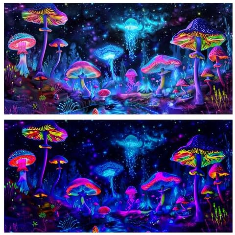 Dtekoj 24X12IN Blacklight Mushroom Jellyfish Aquarium Background UV Reactive Background Starry Sky Terrarium Background with 10 EVA Double-Sided Tape Cover