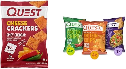 Quest Nutrition Galletas de queso, explosión picante de cheddar, 0.35 onzas de proteínas y chips de proteína estilo tortilla, paquete variado, chile