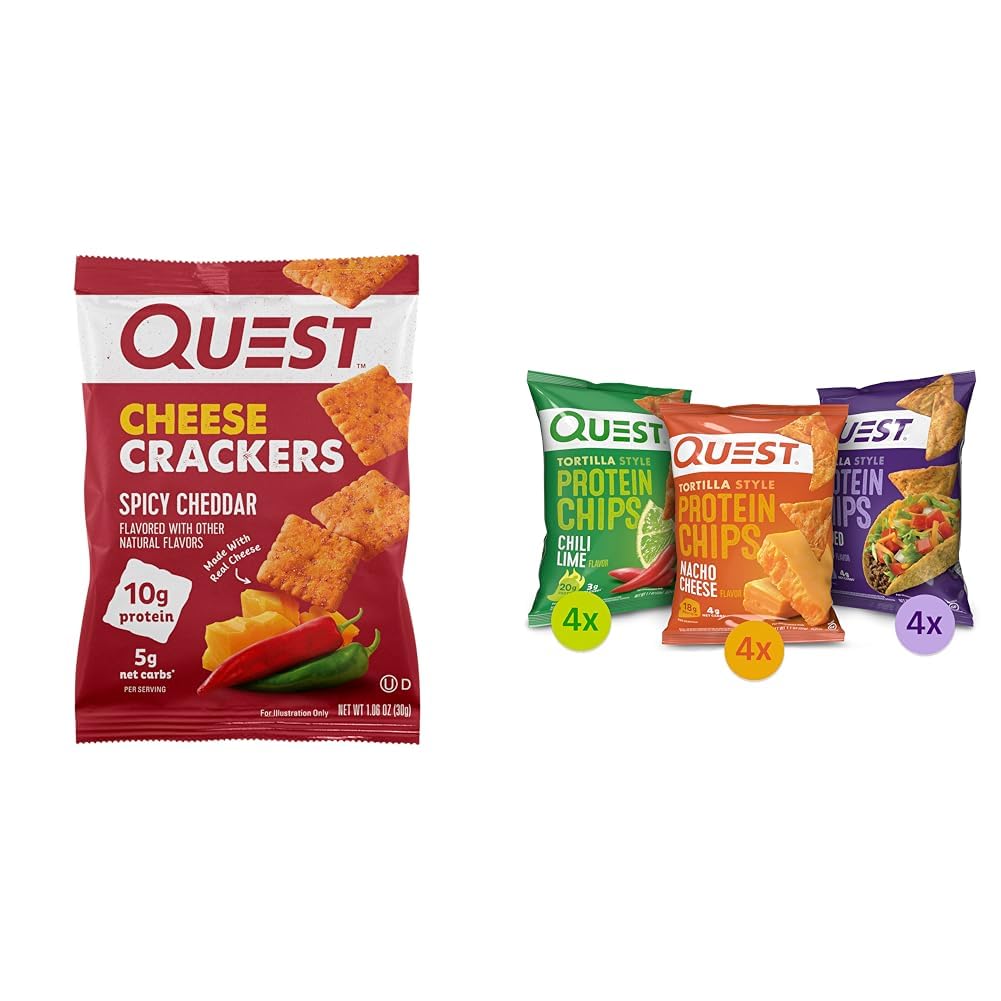 Quest NutritionCheese Crackers, Spicy Cheddar Blast, 10g of Protein & Tortilla Style Protein Chips Variety Pack, Chili Lime, Nacho Cheese, Loaded Taco, 1.1 Ounce (Pack of 12)