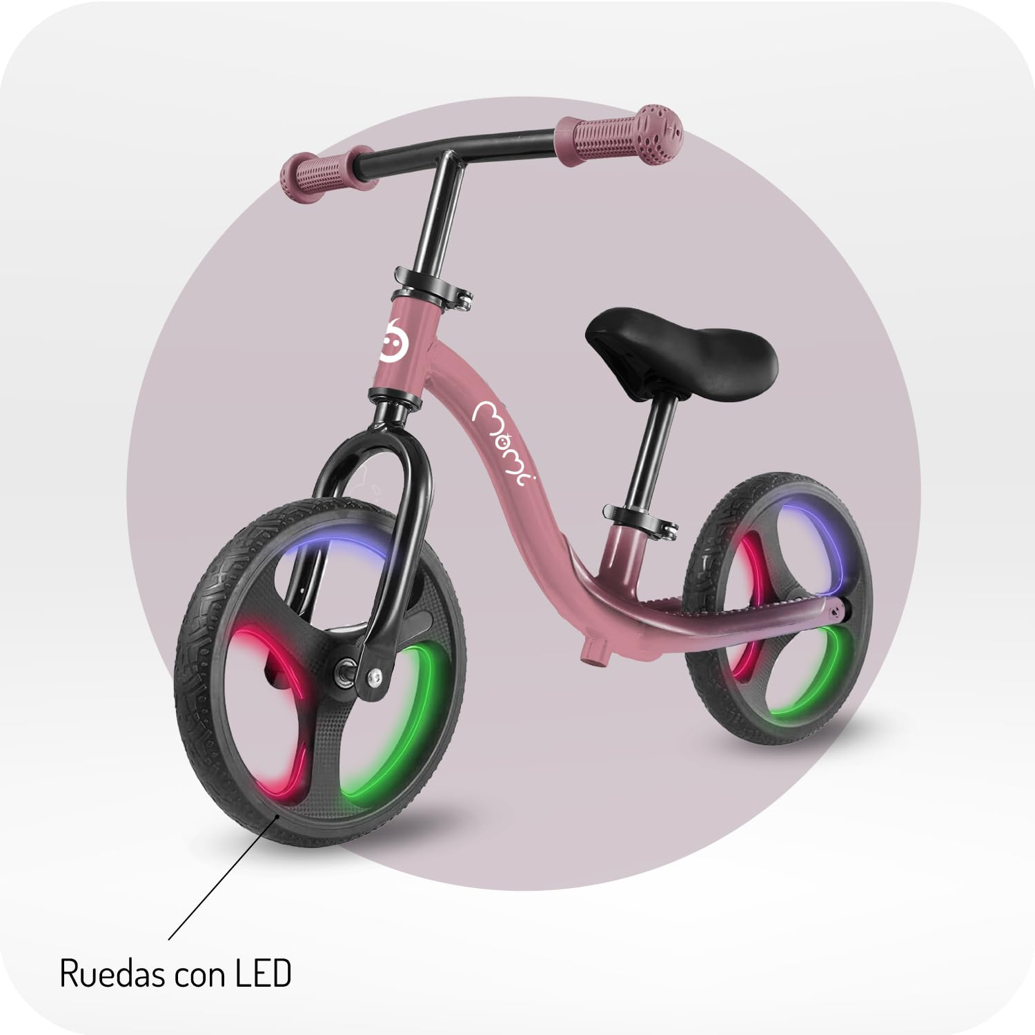 Momi Bicicleta sin Pedales ISOKA para niños de 2+ años (máx. 35 kg), 3,5 kg, Estructura metálica Ligera, Ajuste de Manillar y sillín sin Herramientas, Ruedas de Caucho TPR con LED