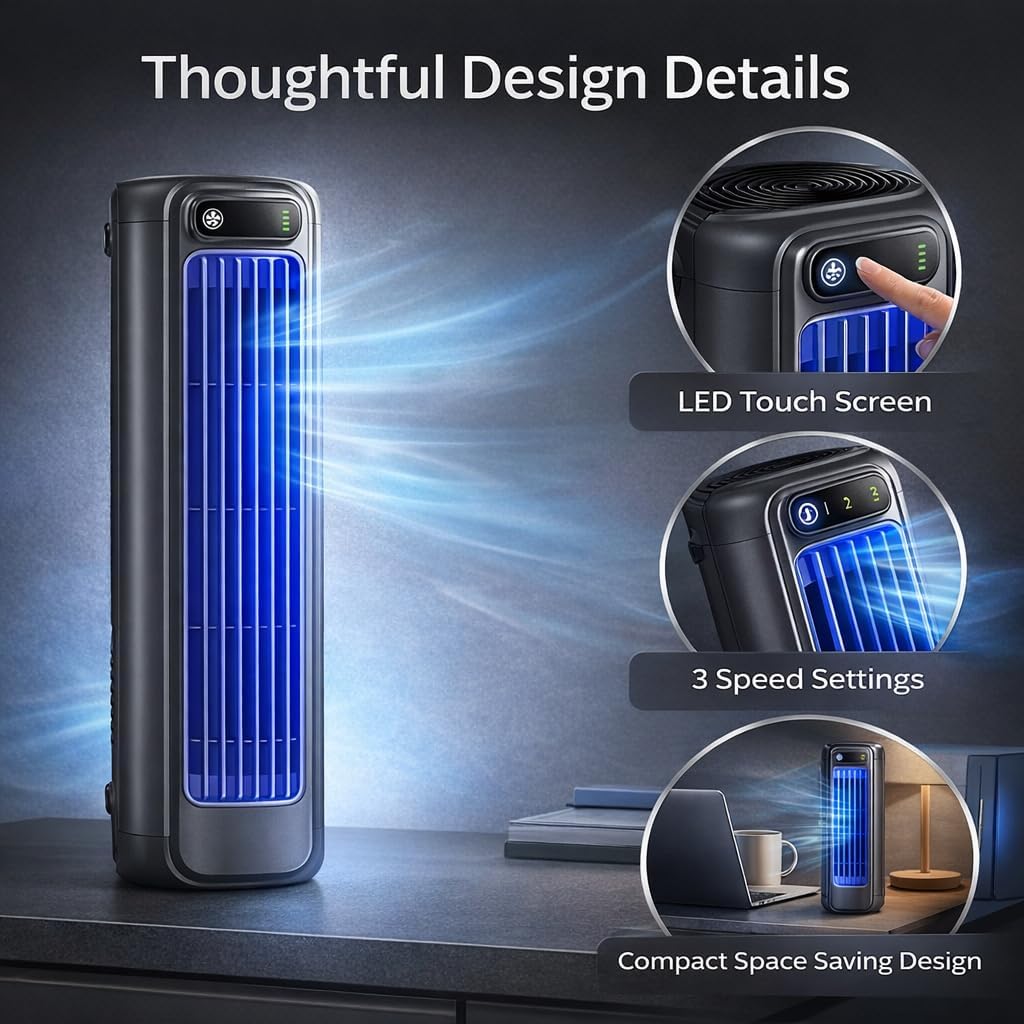 Portable Rechargeable Desk Fan with 3 Speeds and LED Touch Screen Compact Bladeless USB Powered Mini Personal Cooling Fan for Bedroom Office Desk Bedside Travel Kitchen Small Spaces (Grey)