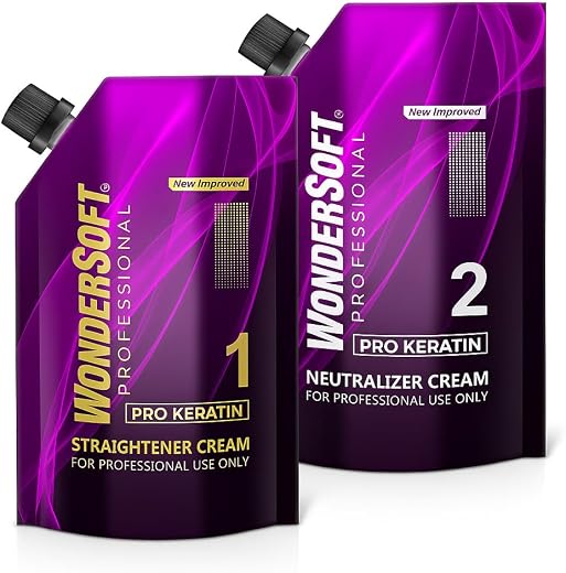 Wondersoft Pro Keratin Hair Straightening Kit, Professional Straightener Cream and Neutralizer Cream, 2-Step Treatment