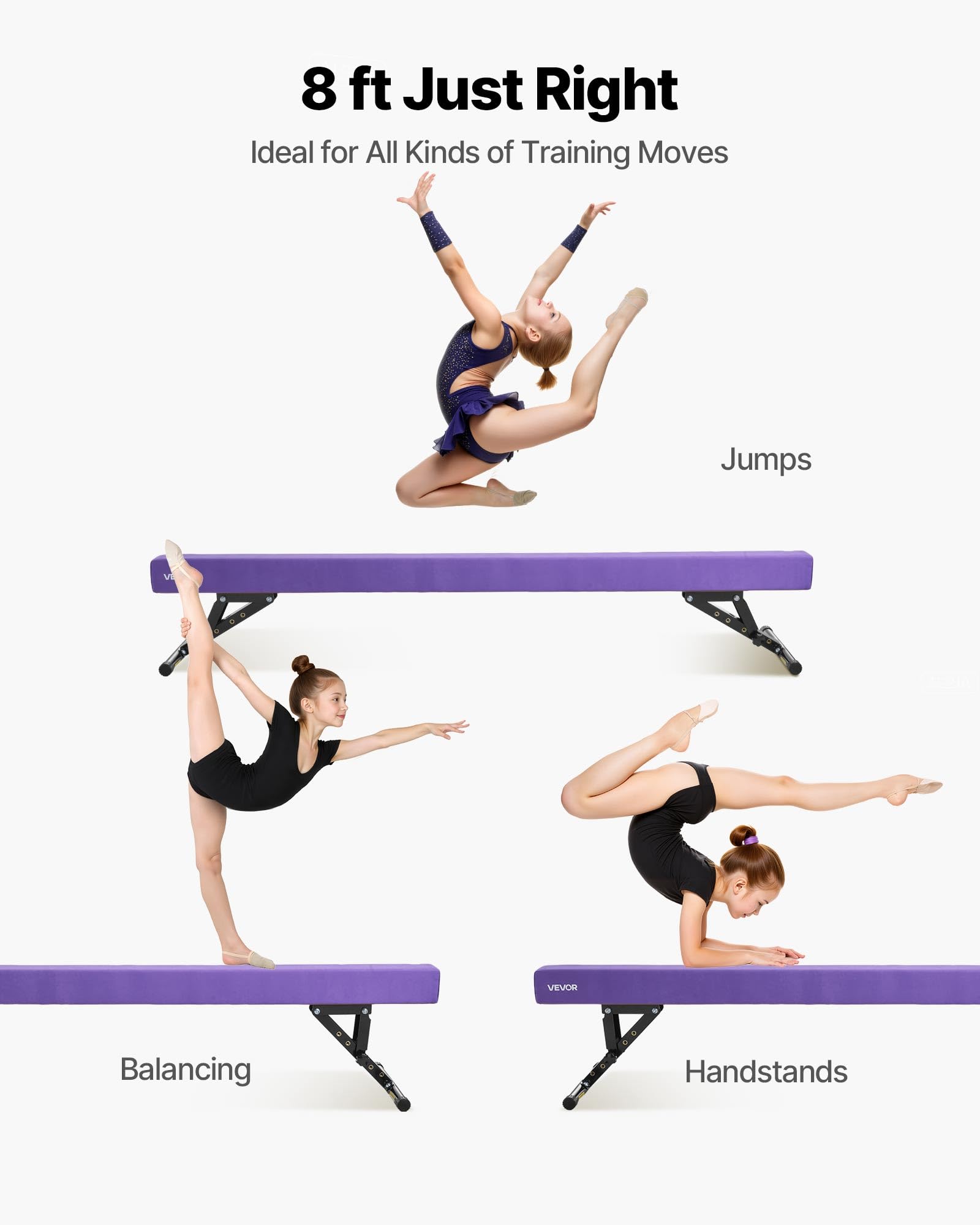 VEVOR Poutre Gymnastique réglable pour Enfants, 2410 mm, Poutre d'équilibre avec 2 Modes et 5 hauteurs réglables, équipement d'entraînement Professionnel pour Maison et Centre de Gymnastique, Violet