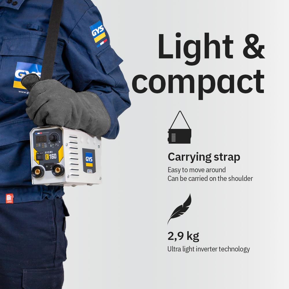 GYS, GYSMI E160, Poste à Souder à l'Électrode Enrobée 160A Monophasé 230V (MMA), TIG DC Lift, Digital, Arc Force, Antisticking, Hot Start, Avec Valise, Porte-électrode, Câble de Masse