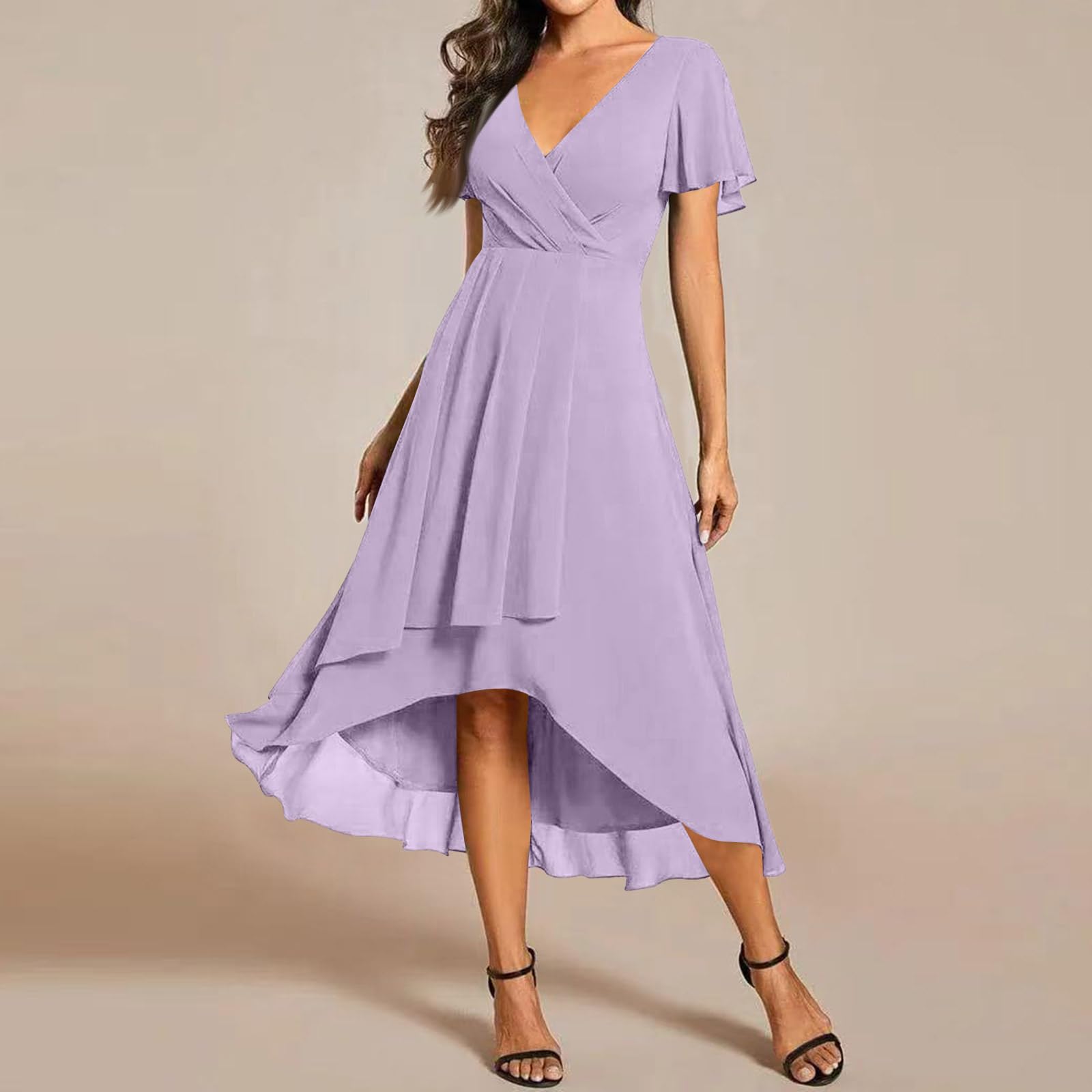Robe Femme Chic et Elégante pour Mariage - Robes de Cérémonie High-Low en Mousseline à Manches Papillon - Robe de Soirée Coupe Trapèze Fluide Col V Couleur Unie